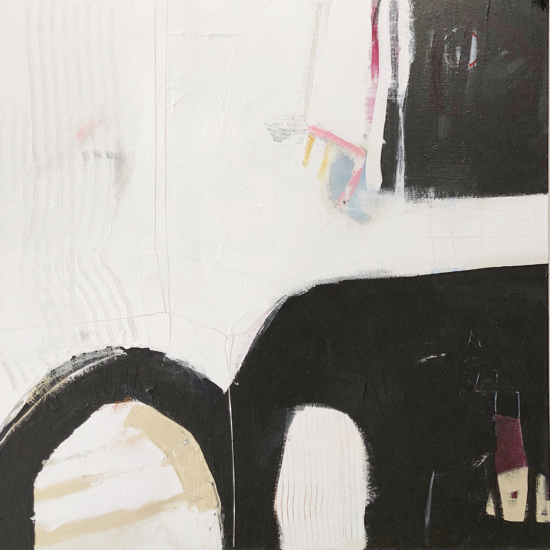 An abstract painting that looks as if it has bold black ink that depicts a large letter M or B